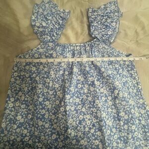 First Love Blue and White Floral Blouse with Ruffled Cap Sleeves
